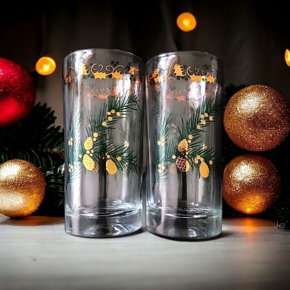 2 MCM Pine Branch Gold Holly Tumblers Continental Can Co Hazel Atlas Winter Vtg. - Picture 12 of 16